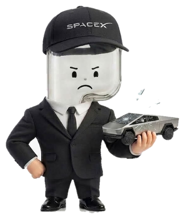 Epon Musk — a glass-headed figure in a black suit and SpaceX cap, holding a cracked Cybertruck